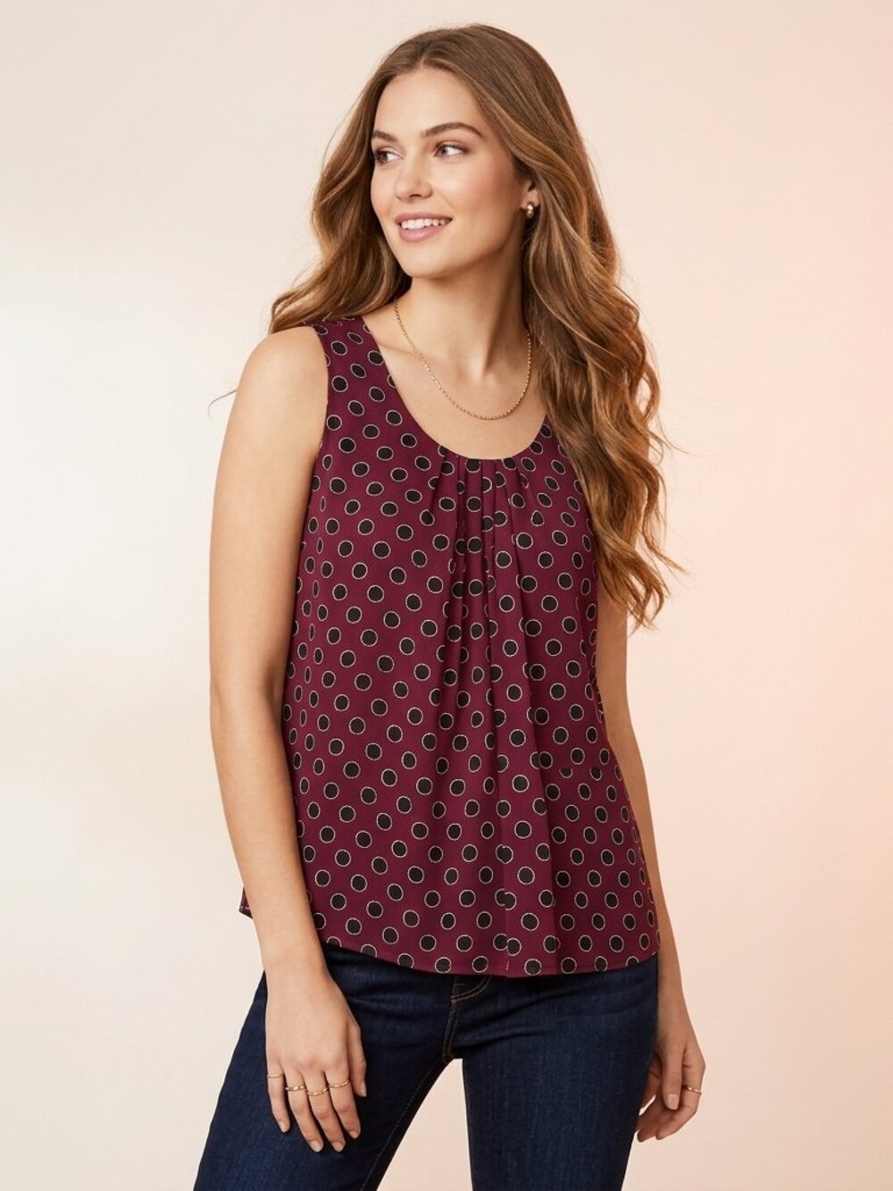 Talbots 100% Silk Sleeveless Blouse Plum Purple Polka Dot Pleated Front Size 6